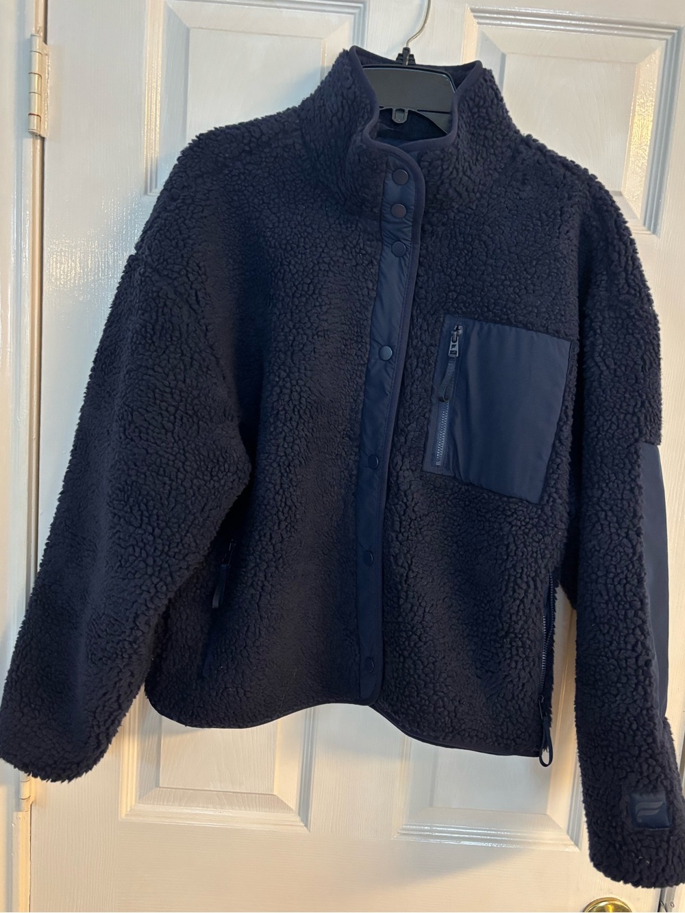 Fabletics Navy Sherpa Teddy Jacket with Zip Chest Pocket